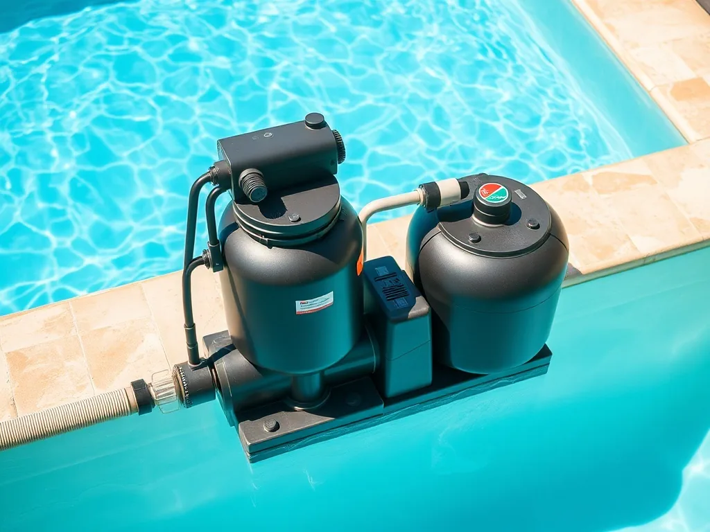 Vue en coupe d’un local technique de piscine avec pompe, filtre à sable et tuyauterie PVC raccordée.