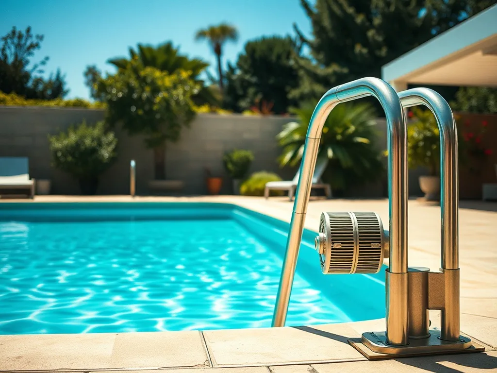 Pompe à chaleur Polytropic installée à l'extérieur près d'une piscine, entourée de végétation