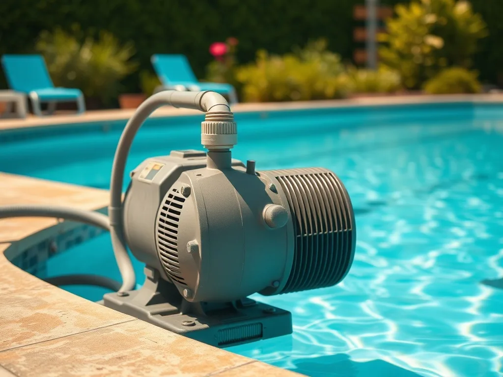 Système de filtration de piscine avec pompe et filtre à sable installés dans un local technique, tuyaux et vannes apparents.