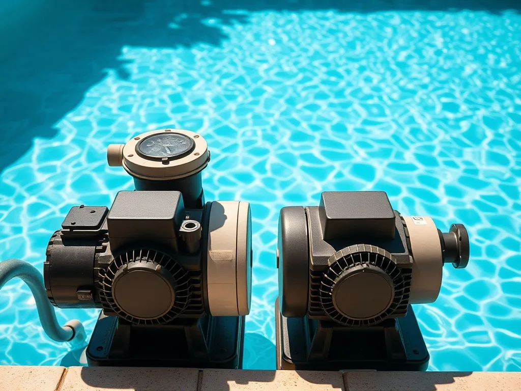Pompe de filtration de piscine installée dans un local technique, tuyauterie apparente et manomètre