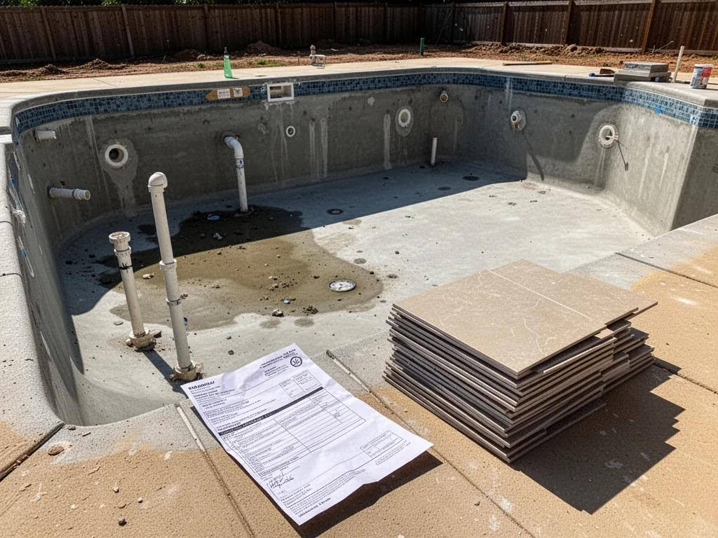 A half-drained concrete swimming pool with exposed pipes, a stack of new tiles, and a crumpled invoice on the deck, midd