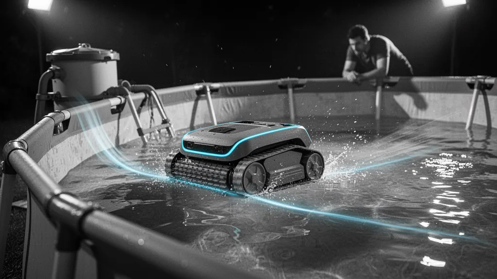 Piscine tubulaire ronde posée sur une pelouse avec une échelle et de l'eau claire