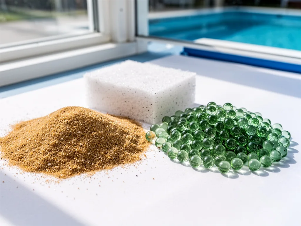 Two piles of filter media on a white surface, one of golden sand and one of translucent green glass beads, side view, so