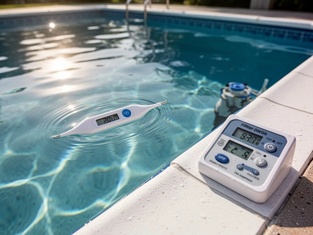 A digital thermometer floating in clear pool water, next to a filter timer control panel on the pool edge, sunny afterno