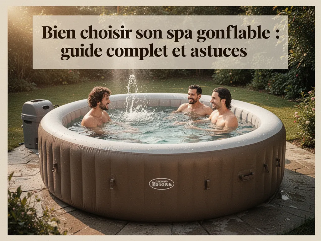 Un spa gonflable installé dans un jardin lumineux avec des chaises autour.