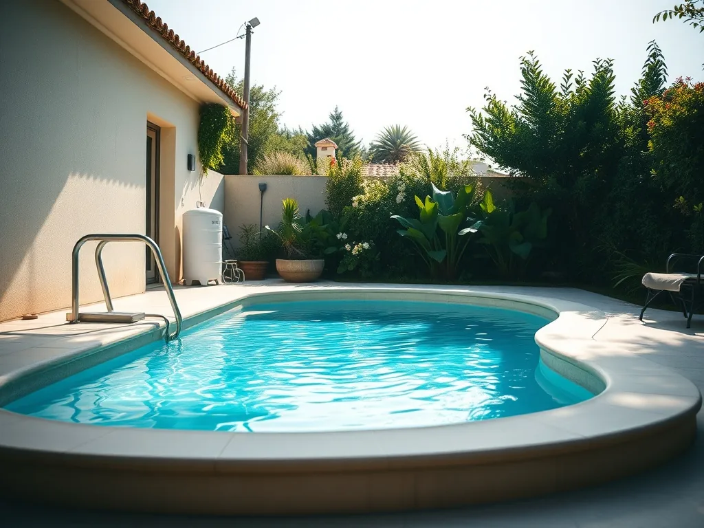 Vue rapprochée d’un petit bassin de jardin à l’eau limpide, entouré de végétation, avec un boîtier de filtration discret en arrière-plan