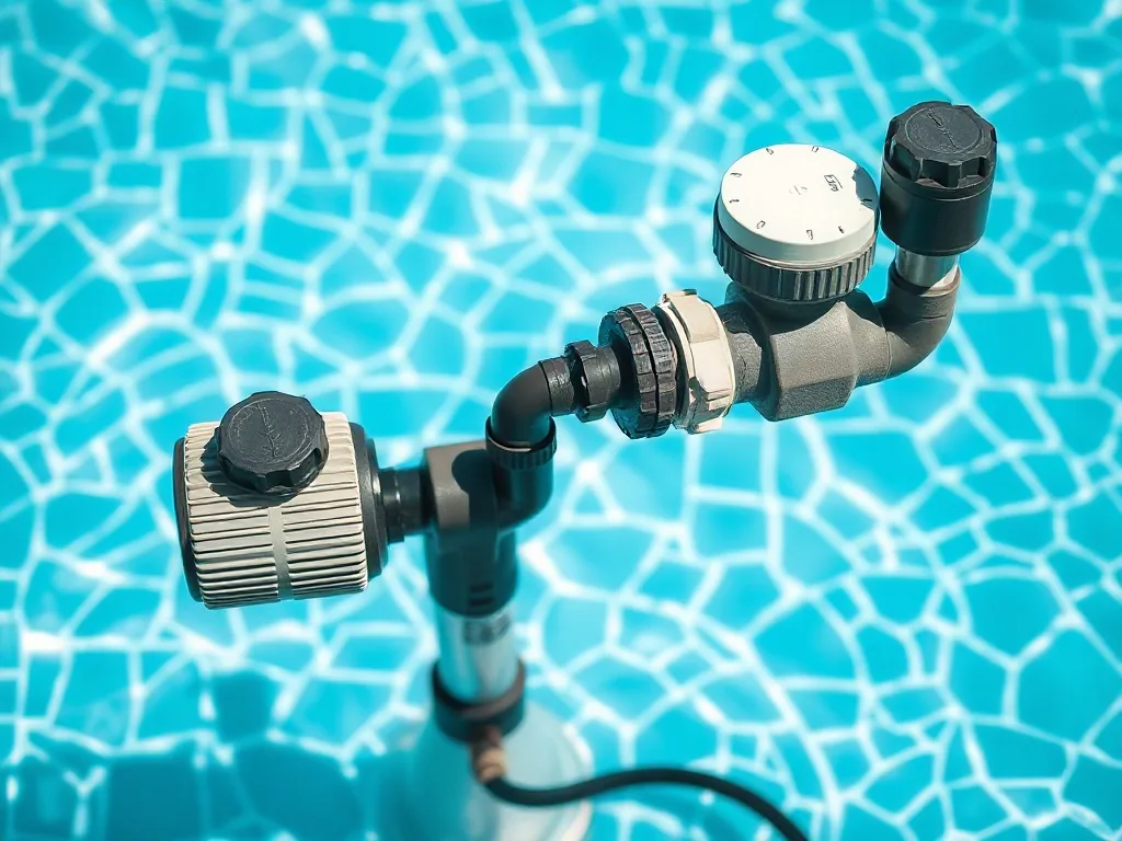 Piscine recouverte d'une bâche à bulles, pompe de filtration visible dans le local technique, eau limpide