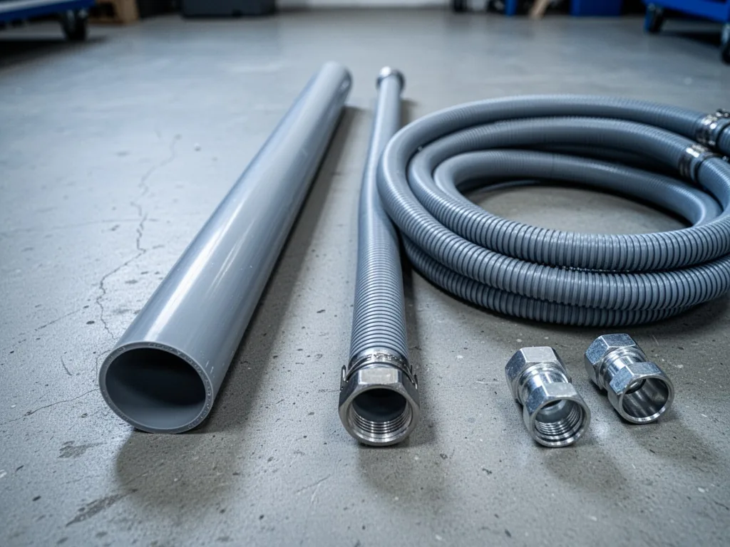 A rigid PVC pipe and a coiled flexible hose side by side on a concrete floor, metallic fittings nearby, soft workshop li
