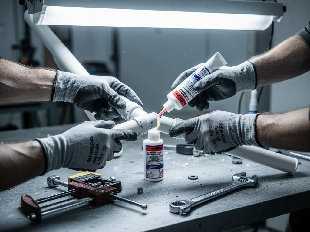 Two gloved hands assembling a PVC pipe joint with primer and glue, a clamp and wrench on a workbench, bright overhead li
