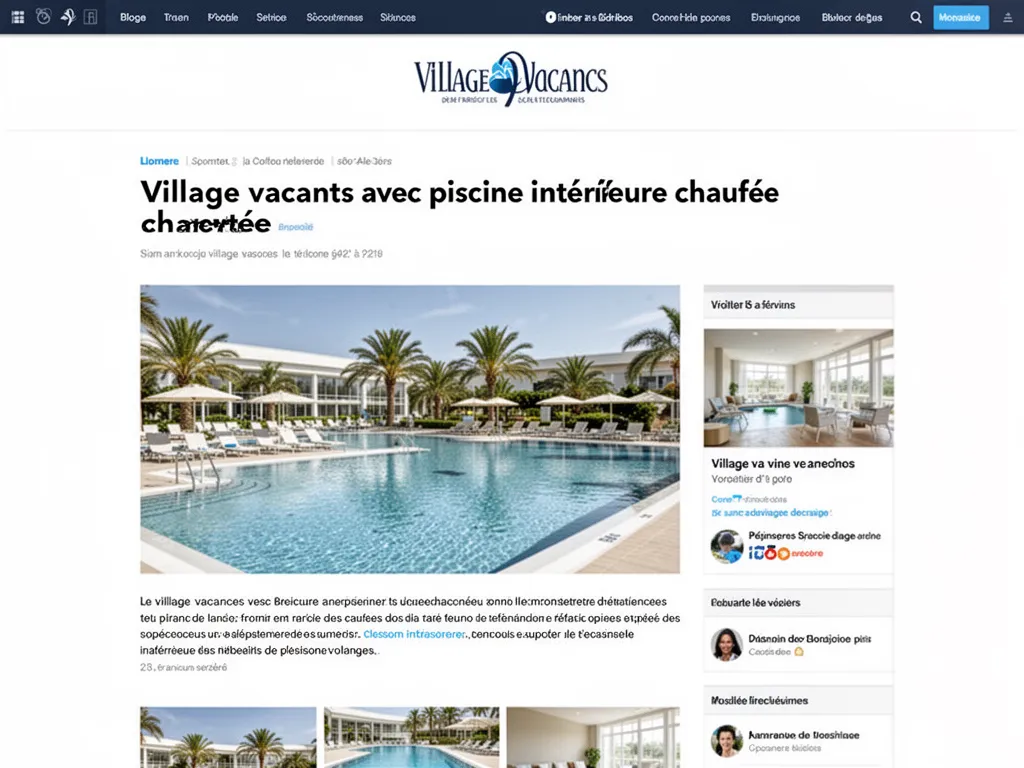 Piscine intérieure chauffée dans un village vacances, lumière naturelle filtrant par de larges baies vitrées